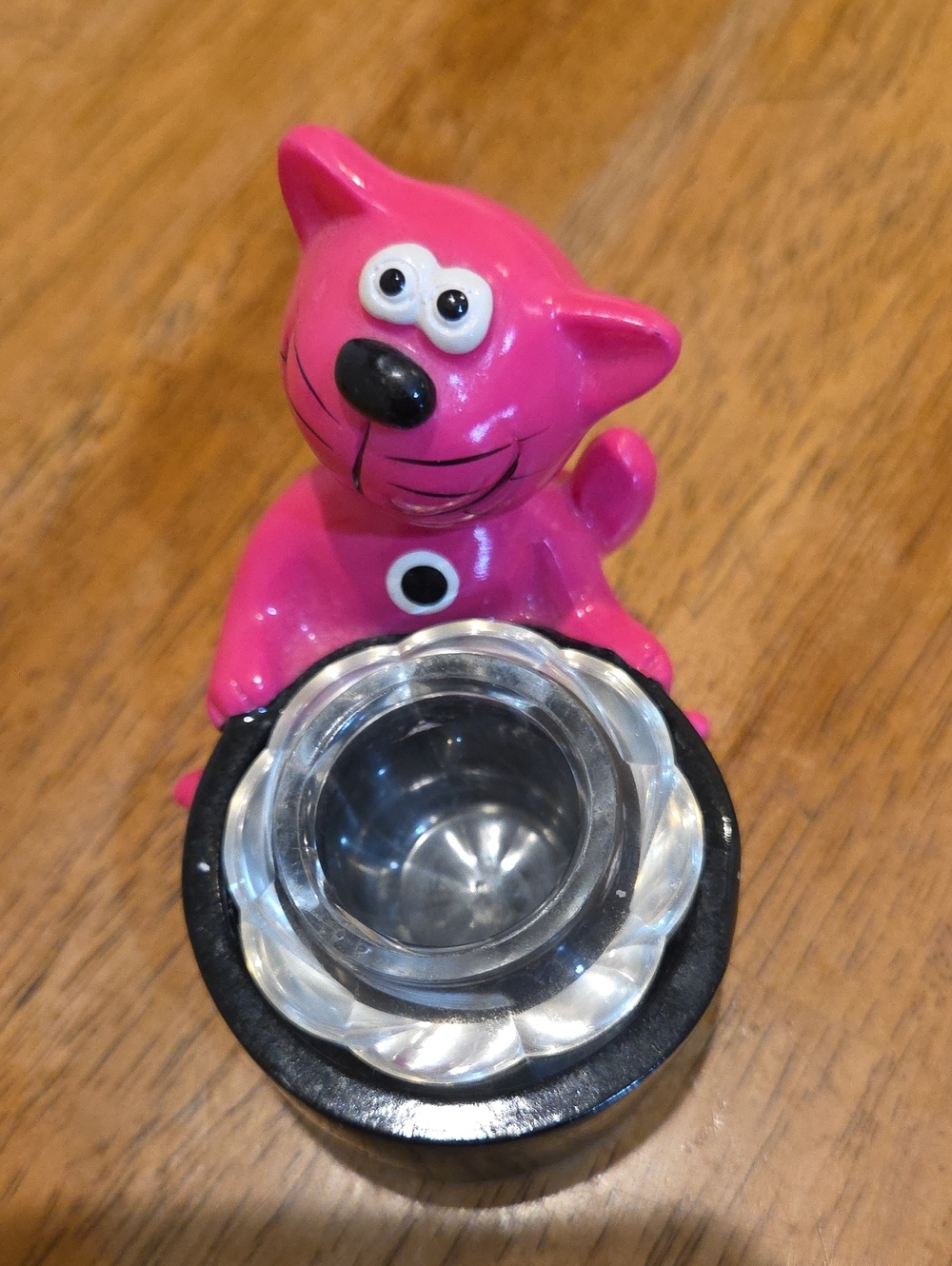 Cute Pink Cat Wooden Handpainted Figurine with Plastic Tea Candle .